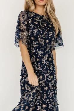 Fashion Baltic Born Arabella Embroidered Tulle Maxi Dress | Navy + Gold