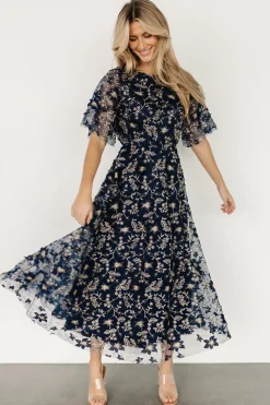 Fashion Baltic Born Arabella Embroidered Tulle Maxi Dress | Navy + Gold