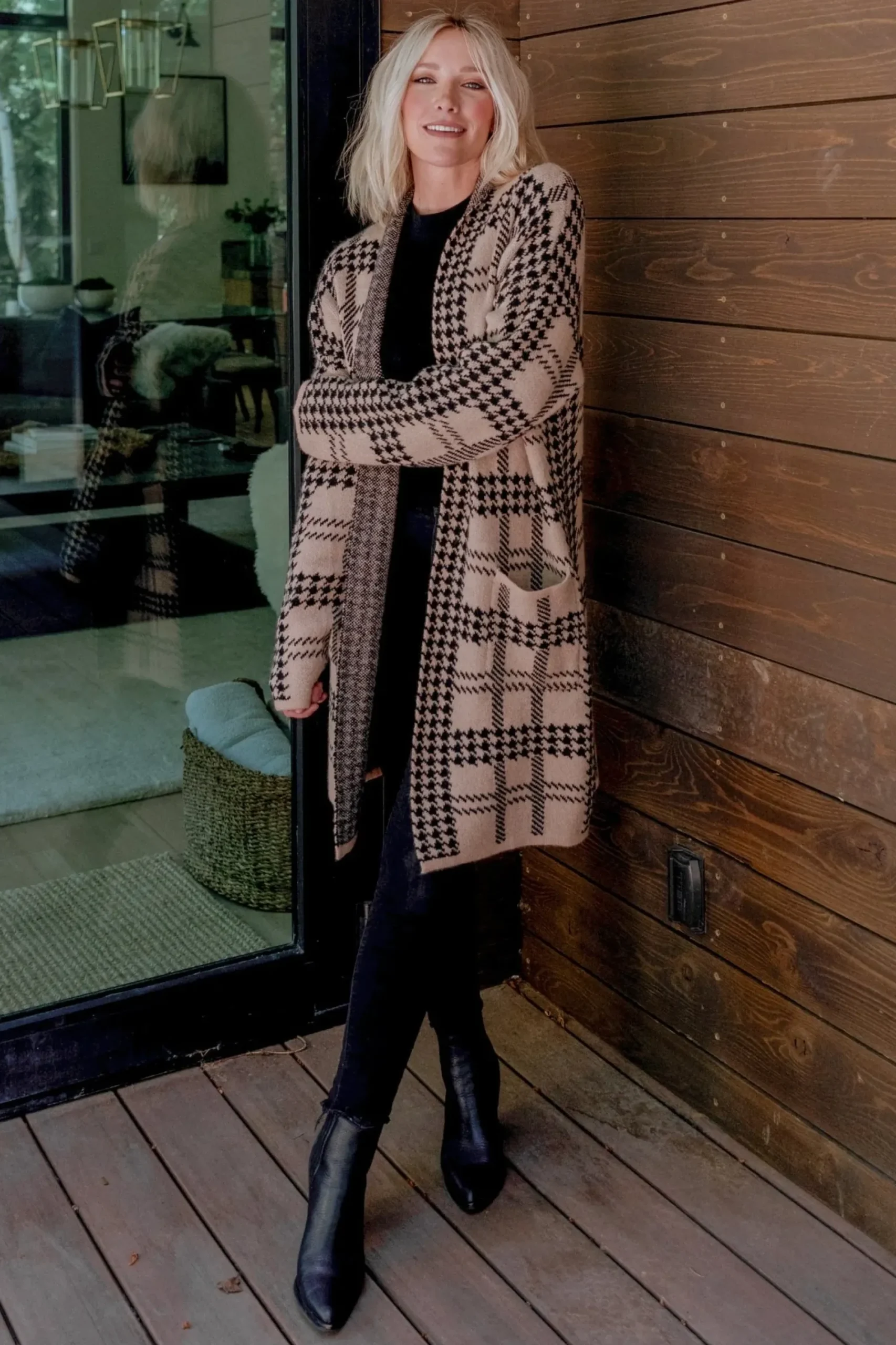 Sale Baltic Born Arvo Houndstooth Long Cardigan | Taupe + Black