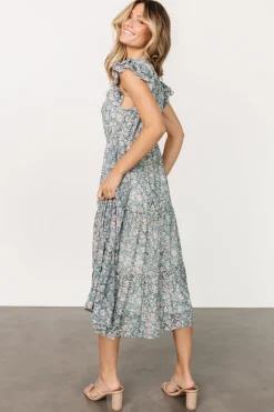 Hot Baltic Born Azia Ruffle Sleeve Midi Dress | Blue + Pink