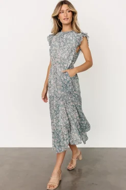 Hot Baltic Born Azia Ruffle Sleeve Midi Dress | Blue + Pink