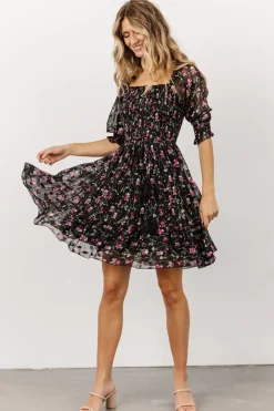 Online Baltic Born Azlyn Smocked Short Dress | Black + Purple Floral
