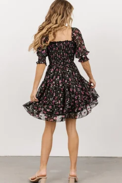 Online Baltic Born Azlyn Smocked Short Dress | Black + Purple Floral
