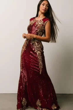 Clearance Baltic Born Azura Sequin Gown | Burgundy + Gold