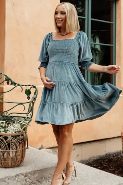 Best Baltic Born Bliss Smocked Velvet Short Dress | Dusty Blue