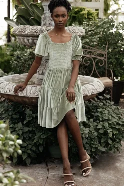 New Baltic Born Bliss Smocked Velvet Short Dress | Dusty Sage