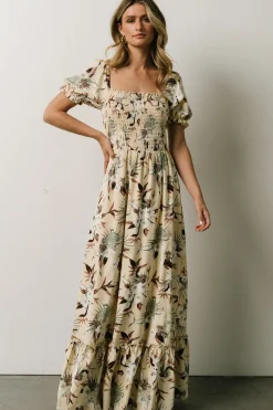 Discount Baltic Born Capri Smocked Maxi Dress | Cream Palm Print