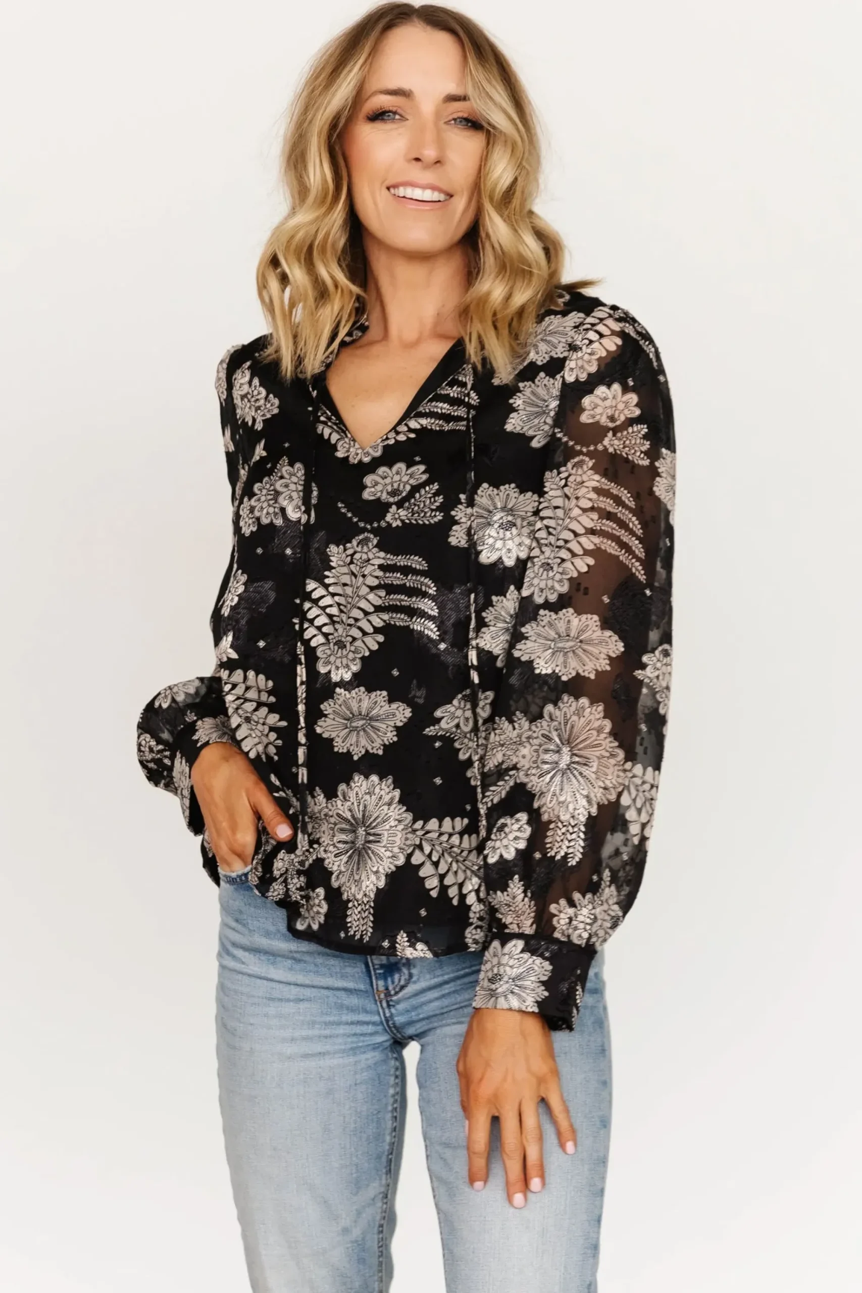 Sale Baltic Born Charlotte Tie Blouse | Black + Cream