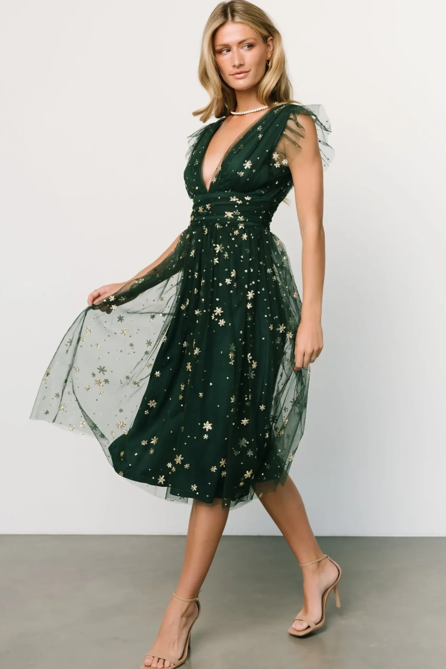 Hot Baltic Born Chiara Shimmer Midi Dress | Green + Gold