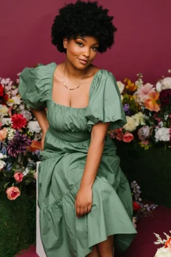 New Baltic Born Cindy Puff Sleeve Tiered Dress | Dusty Green