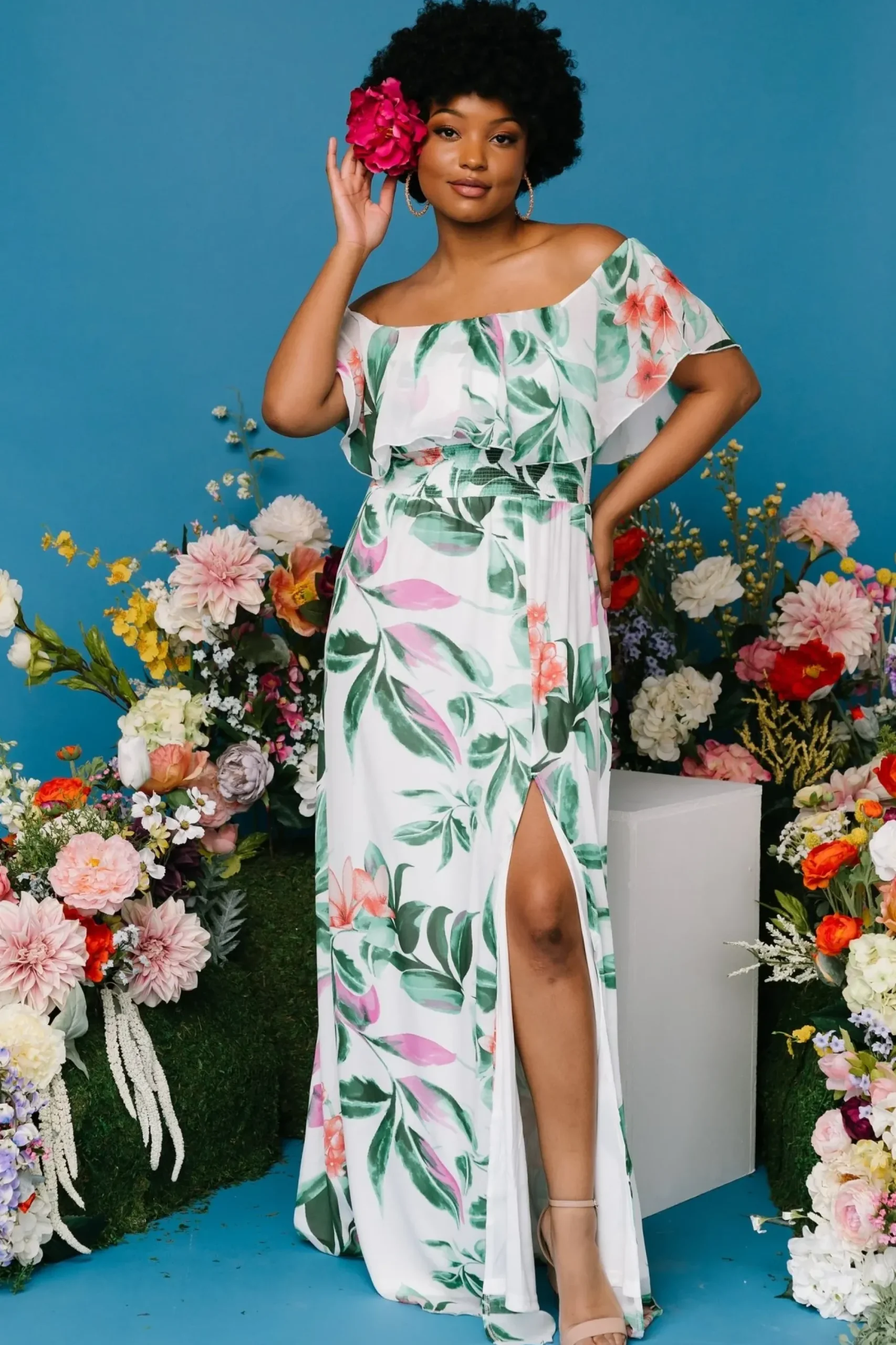 New Baltic Born Daphne Off Shoulder Maxi Dress | White + Green Multi Floral