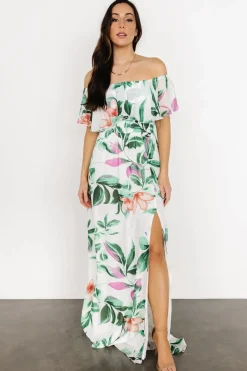 New Baltic Born Daphne Off Shoulder Maxi Dress | White + Green Multi Floral