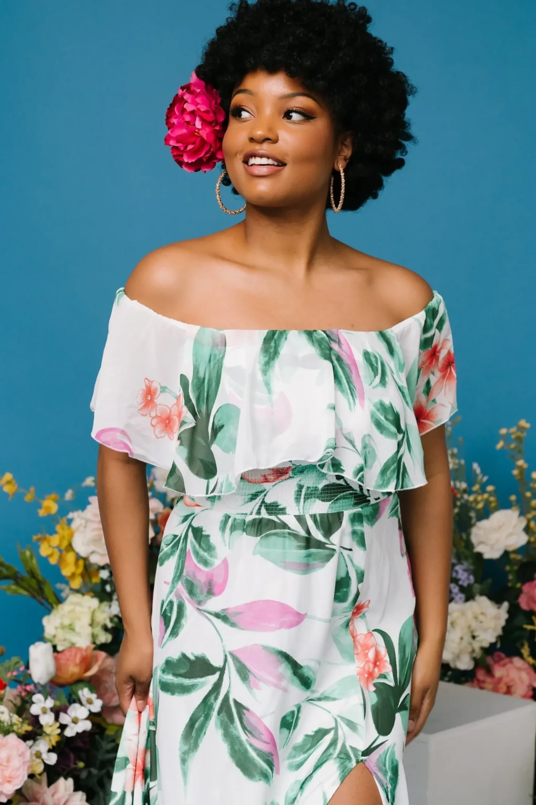 New Baltic Born Daphne Off Shoulder Maxi Dress | White + Green Multi Floral