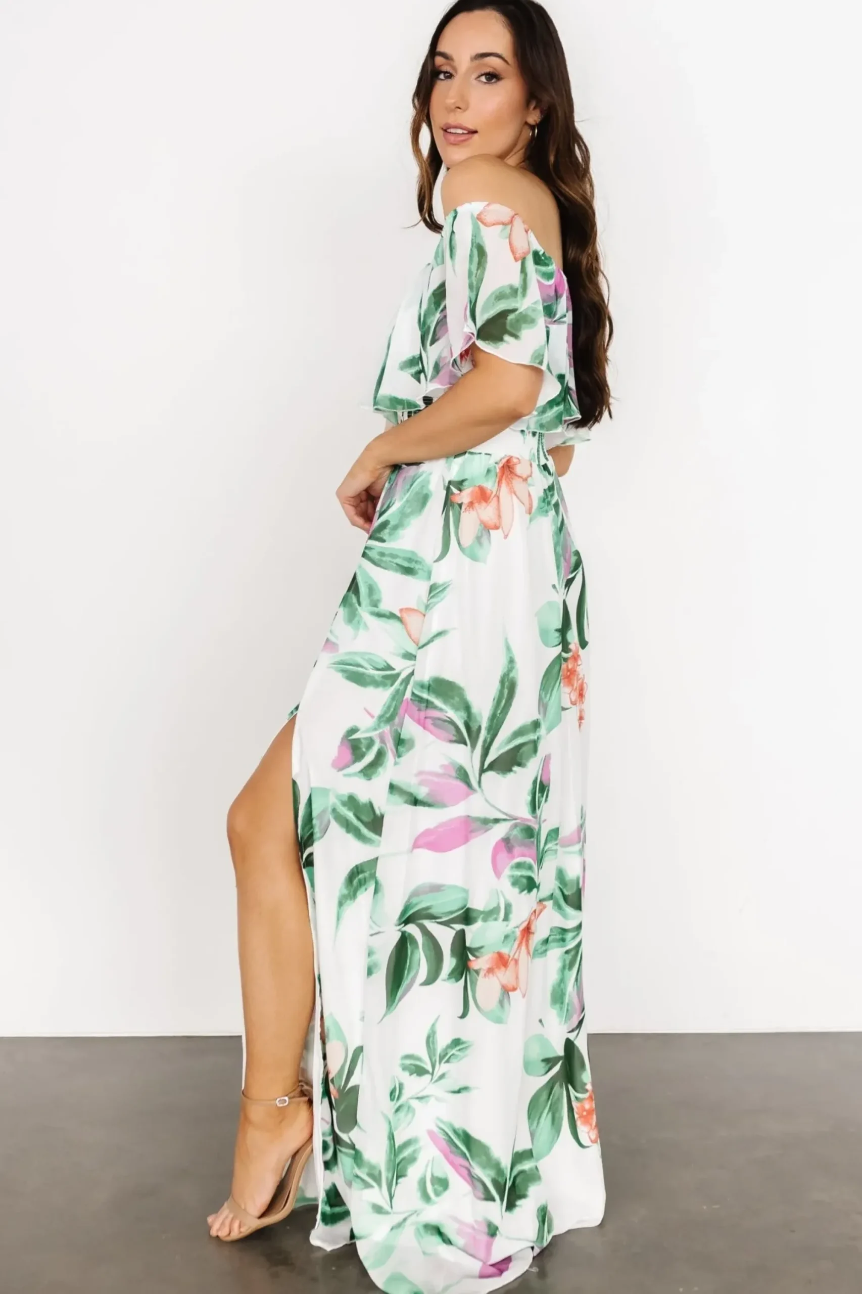 New Baltic Born Daphne Off Shoulder Maxi Dress | White + Green Multi Floral