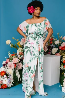 New Baltic Born Daphne Off Shoulder Maxi Dress | White + Green Multi Floral