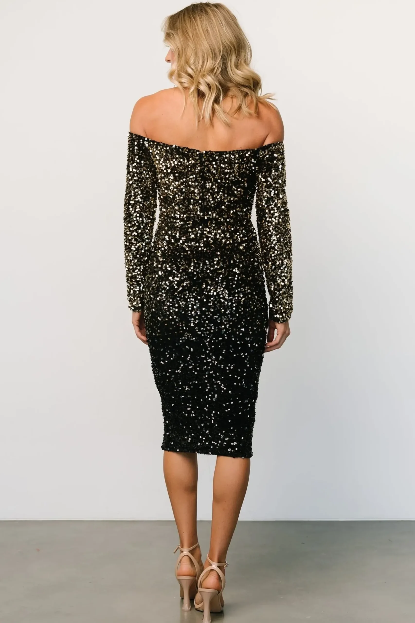 Discount Baltic Born Eclipse Sequin Midi Dress | Black + Gold