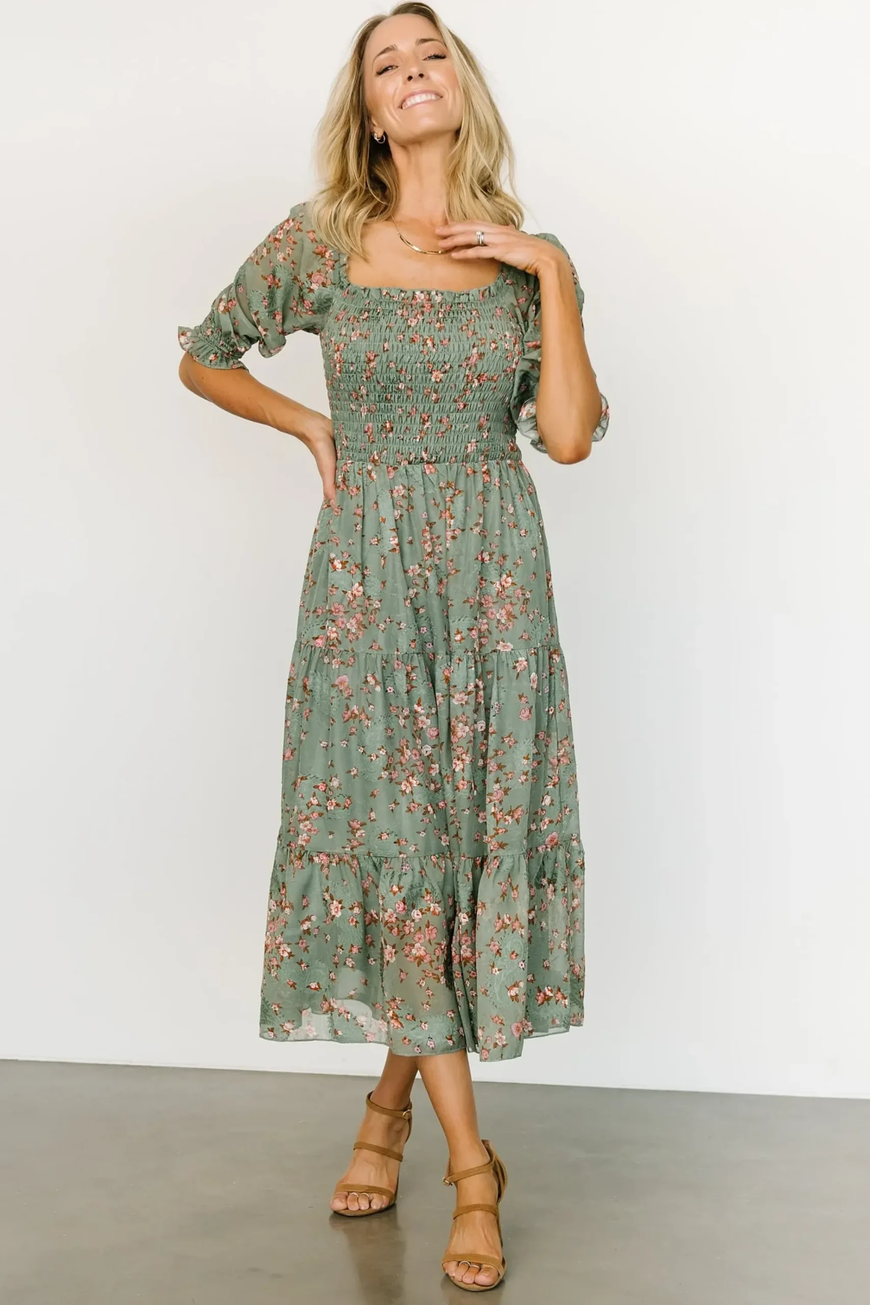 Clearance Baltic Born Fabian Jacquard Midi Dress | Eucalyptus + Pink