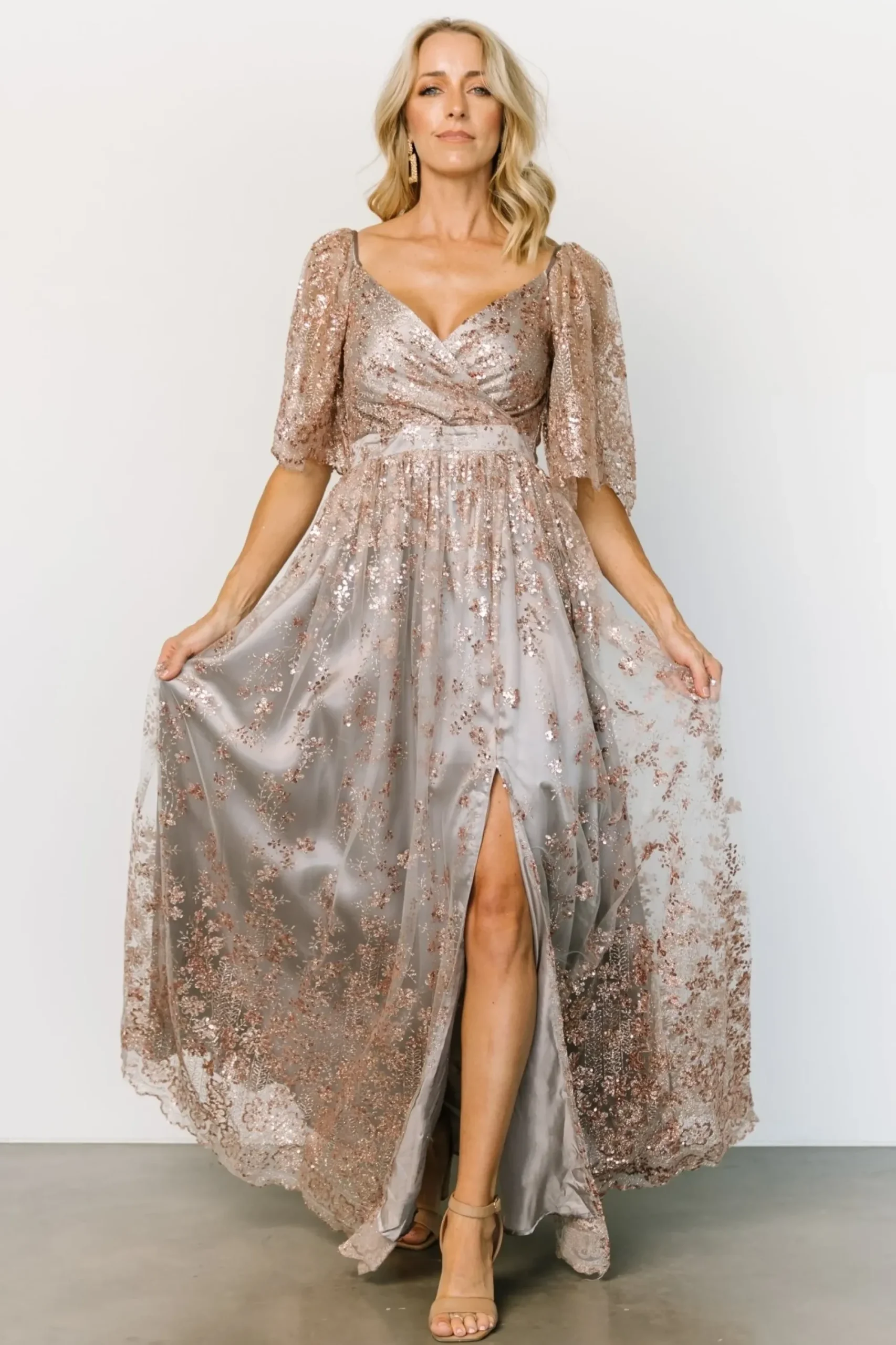 Online Baltic Born Genevieve Glitter Maxi Dress | Gray + Rose Gold