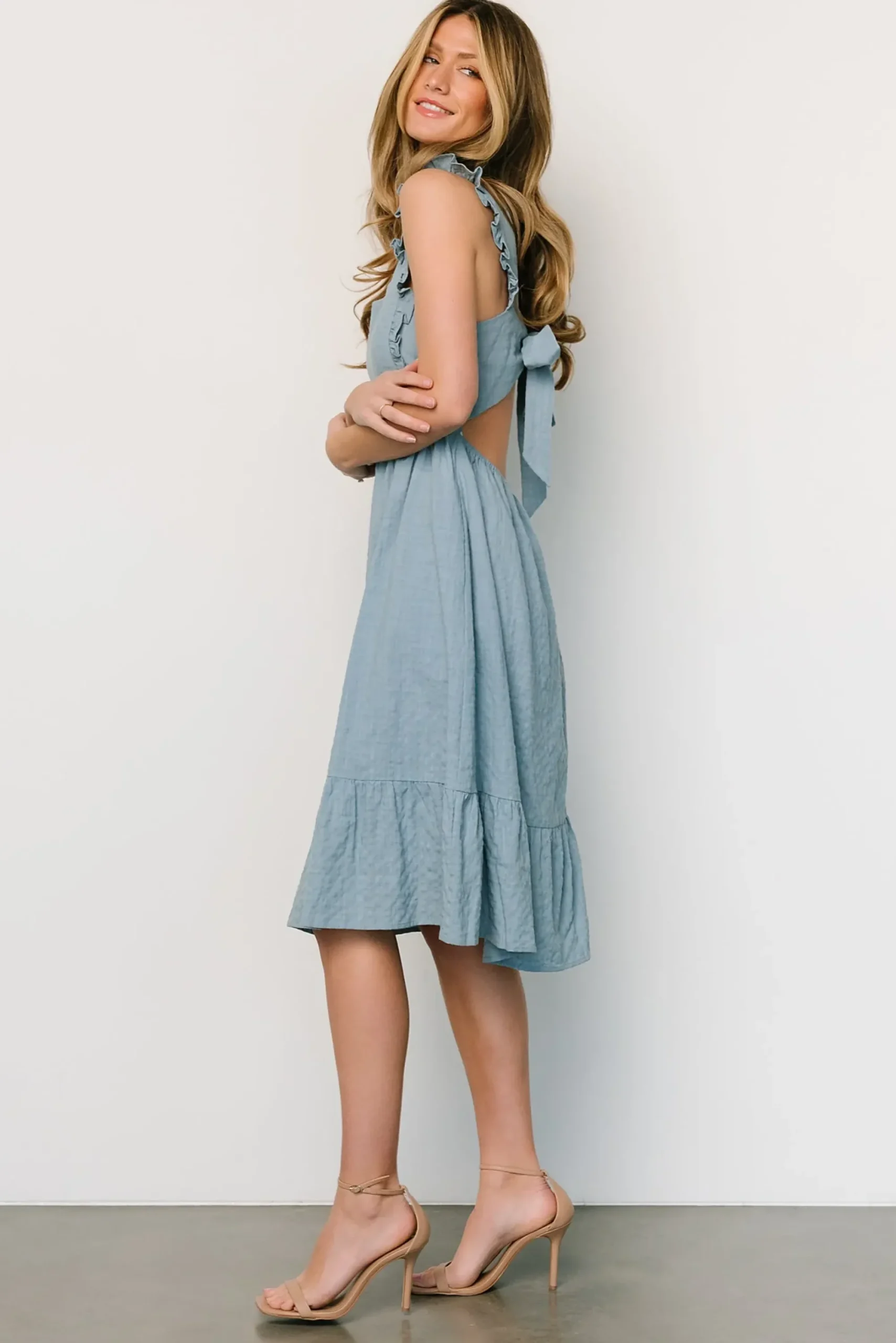 Outlet Baltic Born Gretta Ruffle Tie Back Midi Dress | Dusty Blue