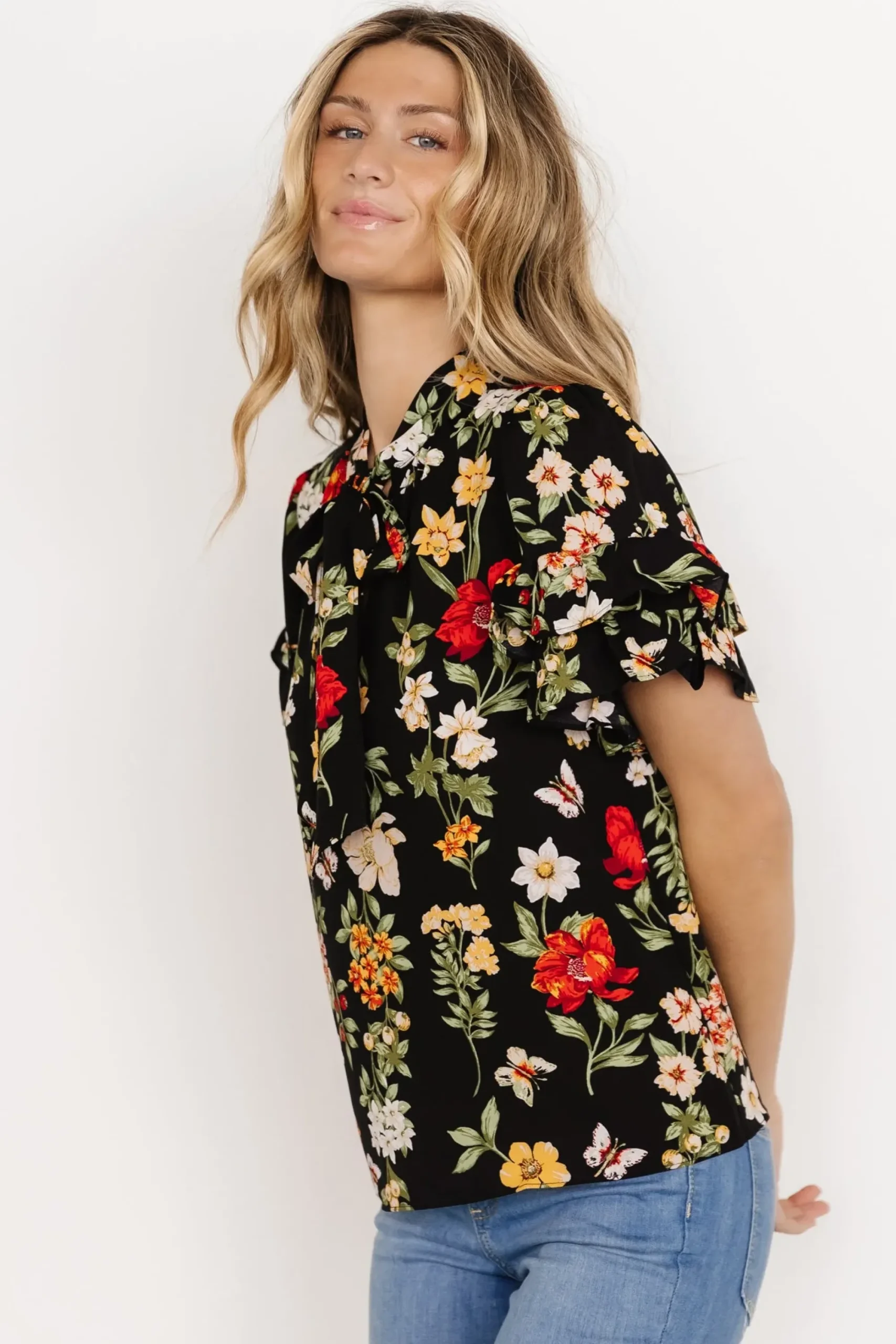 Best Baltic Born Judy Ruffle Sleeve Top | Black Multi