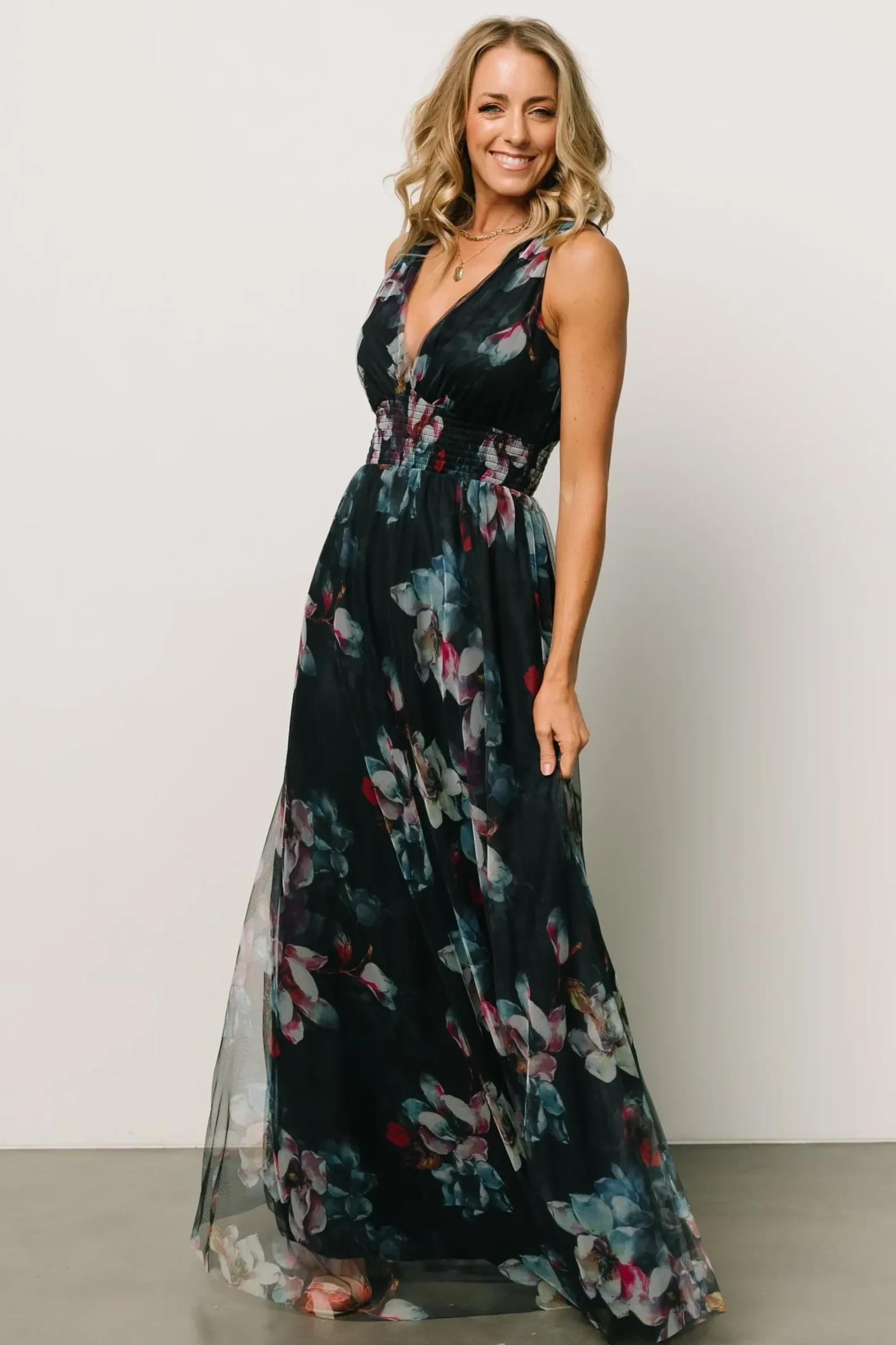 Hot Baltic Born Kamila Tulle Maxi Dress | Navy Abstract Floral