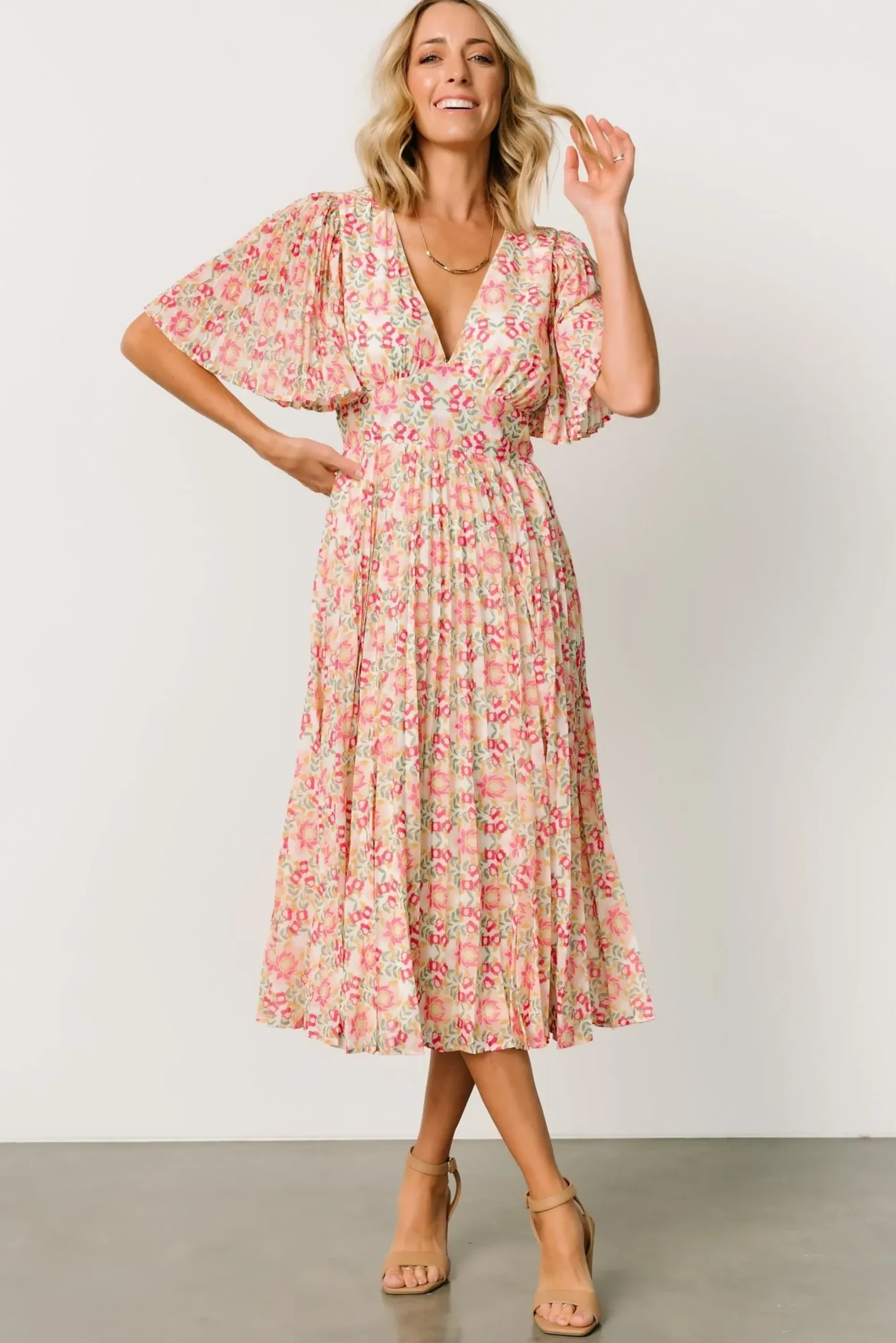 Clearance Baltic Born Kaya Midi Dress | Ivory + Pink Floral