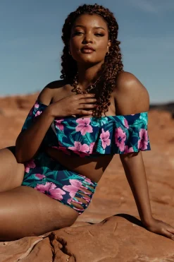 Online Baltic Born Keke Off Shoulder Bikini Top | Navy Tropical Floral