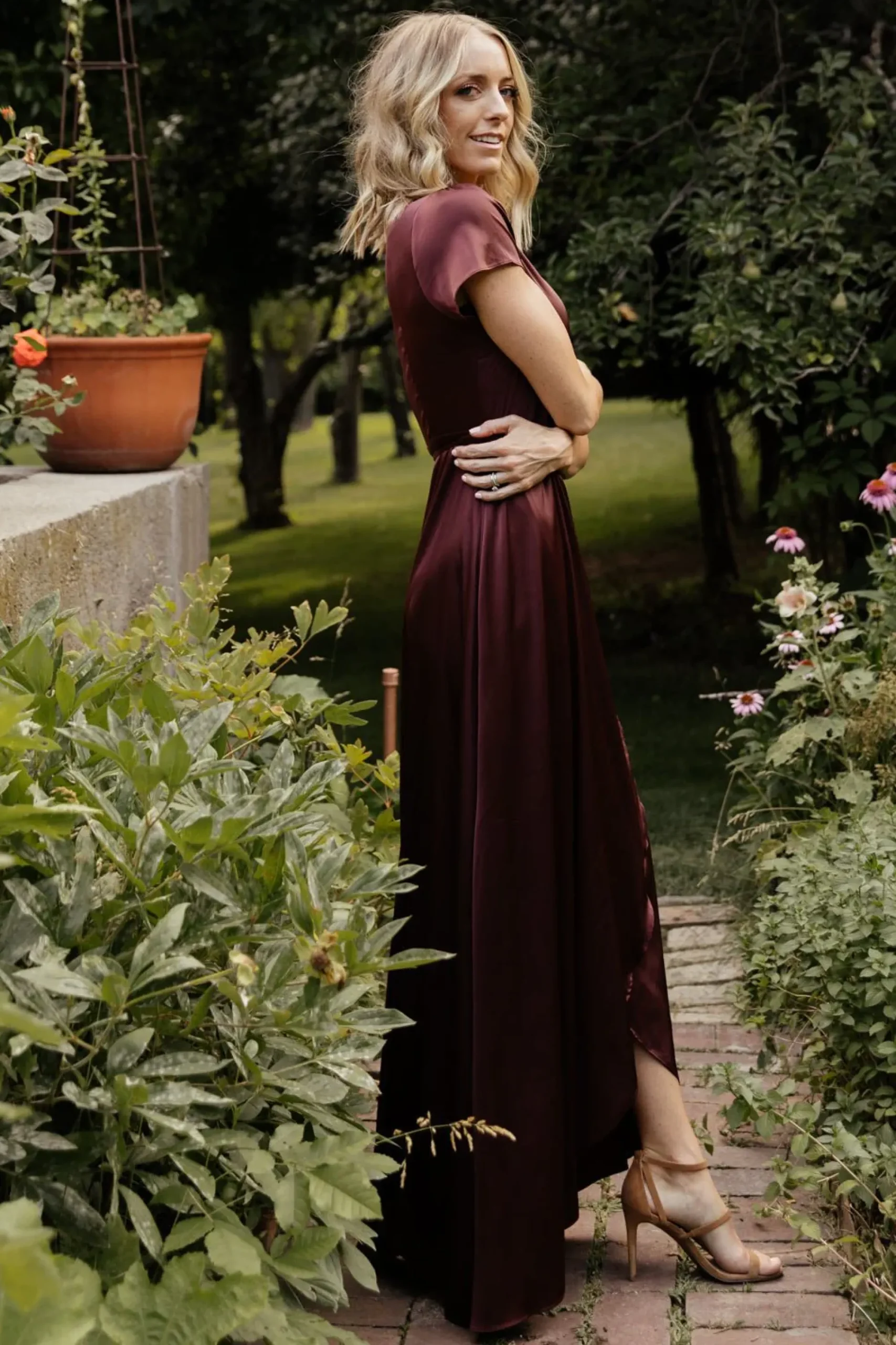 Hot Baltic Born Krystal Satin Wrap Gown | Dark Clove