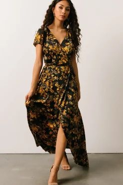 Clearance Baltic Born Krystal Satin Wrap Gown | Black + Gold Floral