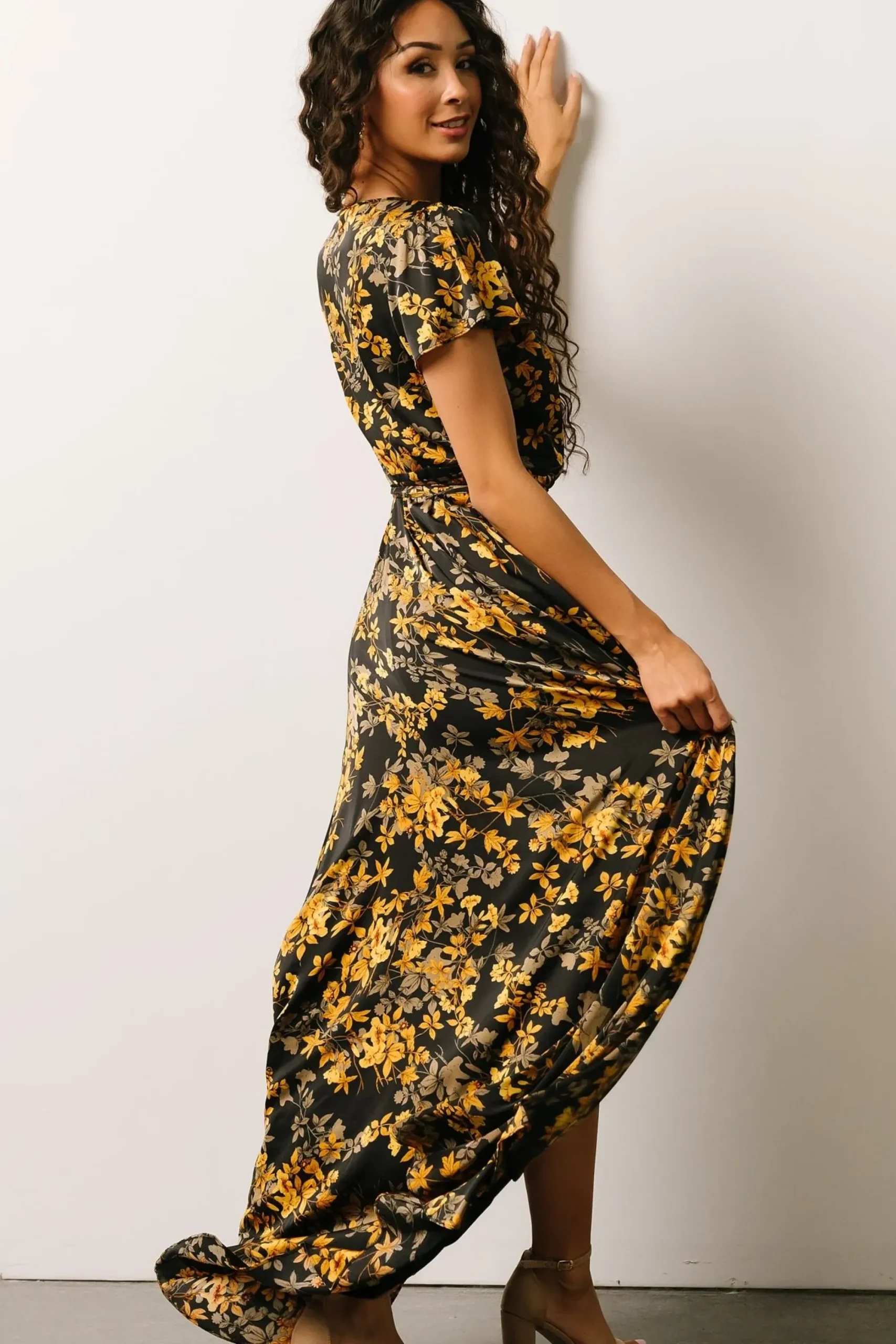 Clearance Baltic Born Krystal Satin Wrap Gown | Black + Gold Floral