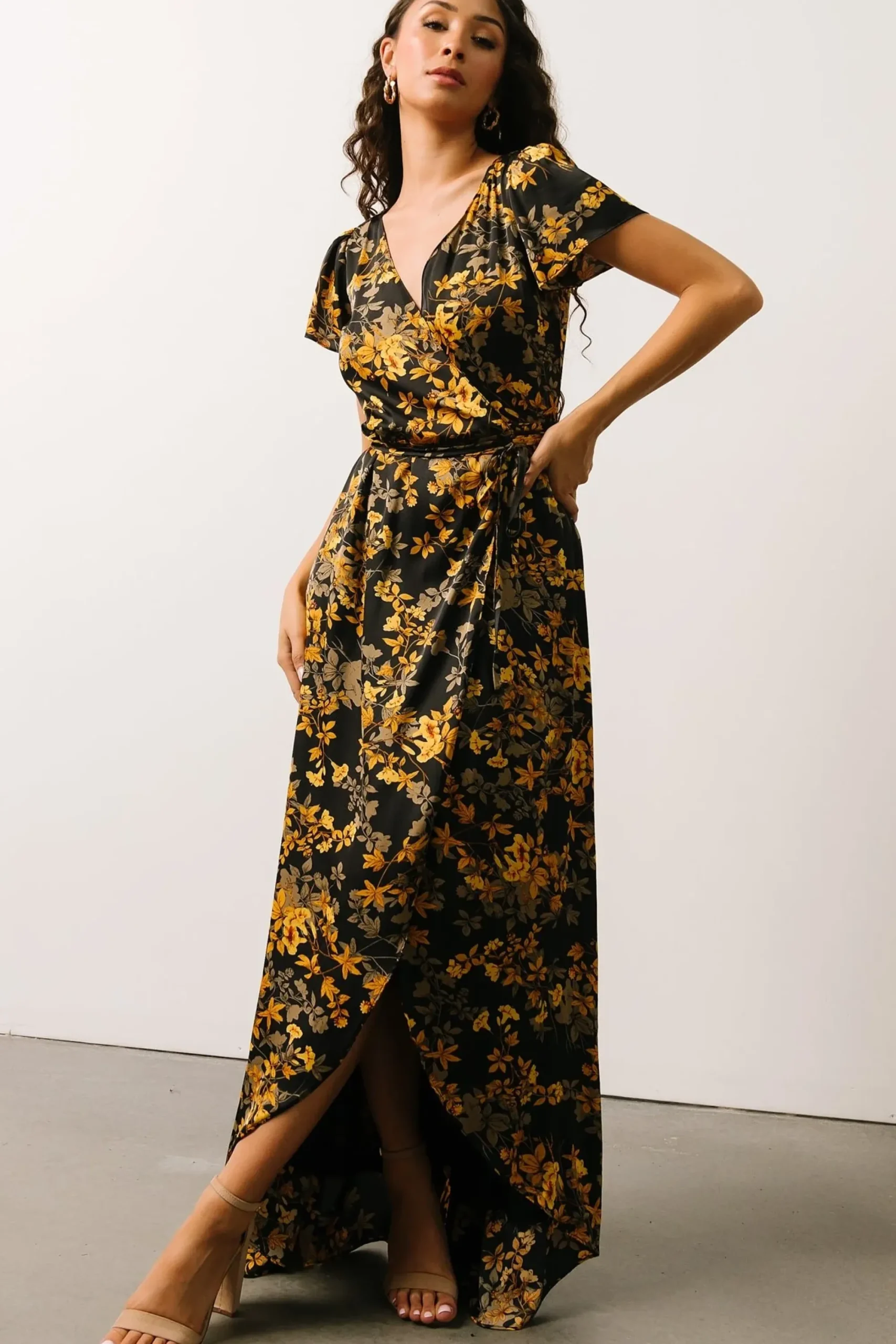 Clearance Baltic Born Krystal Satin Wrap Gown | Black + Gold Floral