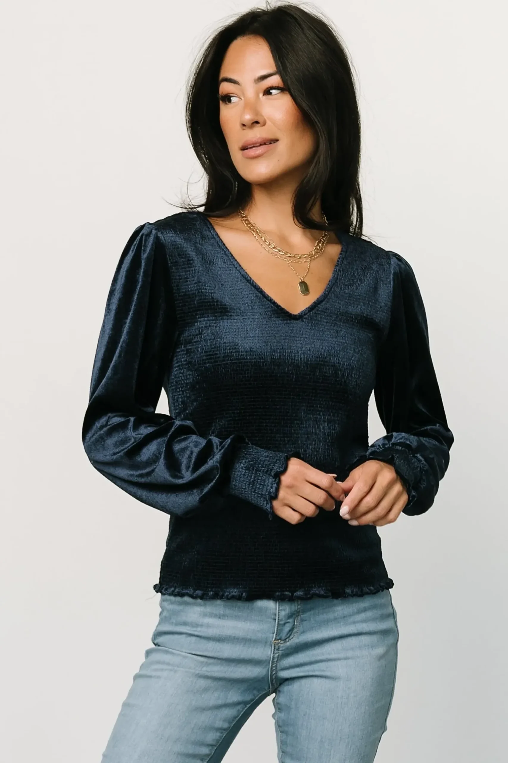 Hot Baltic Born Kyler Smocked Velvet Top | Navy