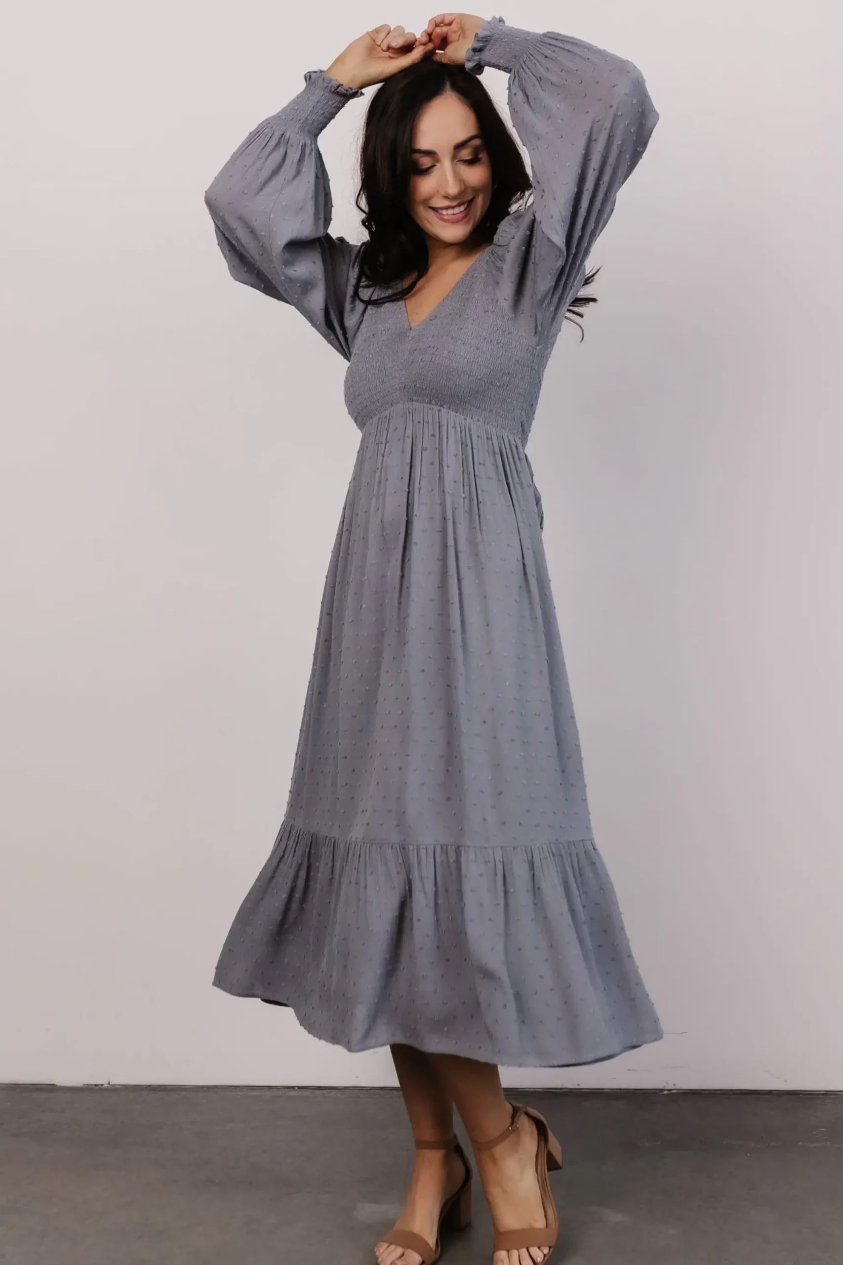 Best Baltic Born Lainey Smocked Dotted Midi Dress | Dusty Blue