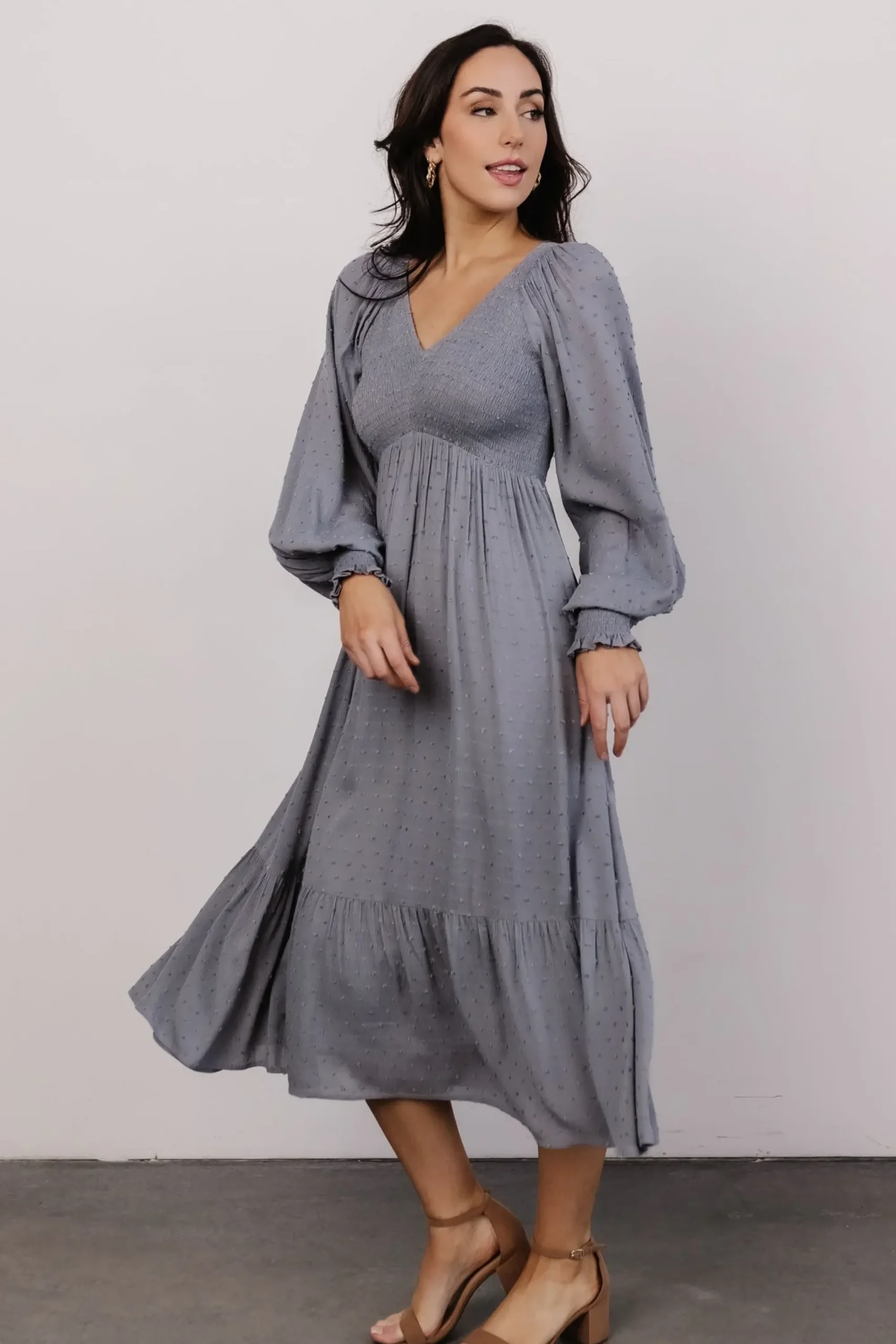 Best Baltic Born Lainey Smocked Dotted Midi Dress | Dusty Blue