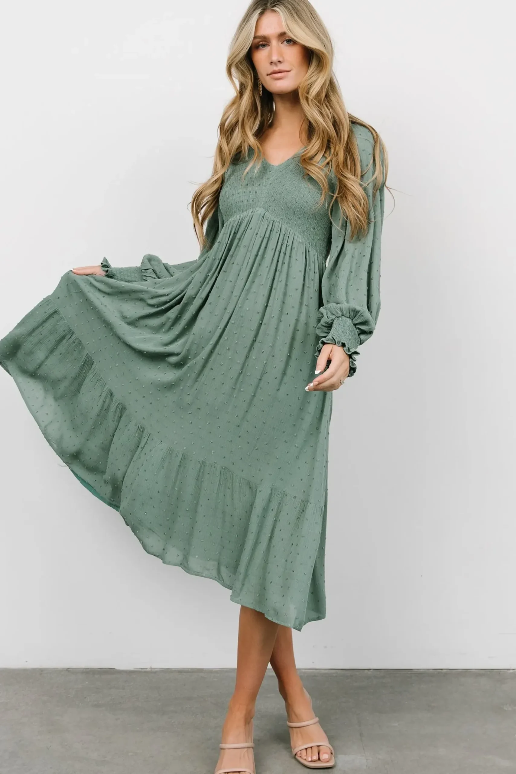 Discount Baltic Born Lainey Smocked Dotted Midi Dress | Dark Sage