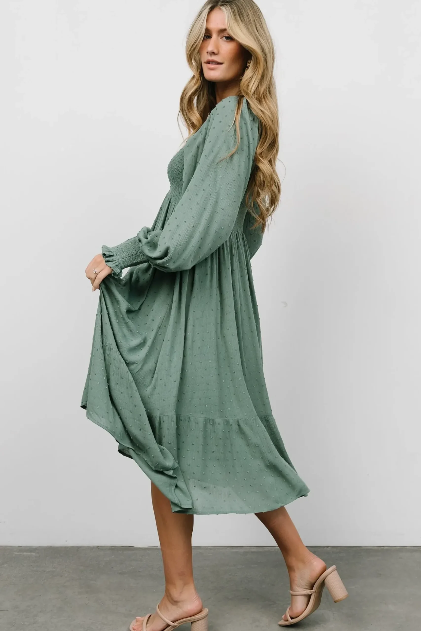 Discount Baltic Born Lainey Smocked Dotted Midi Dress | Dark Sage