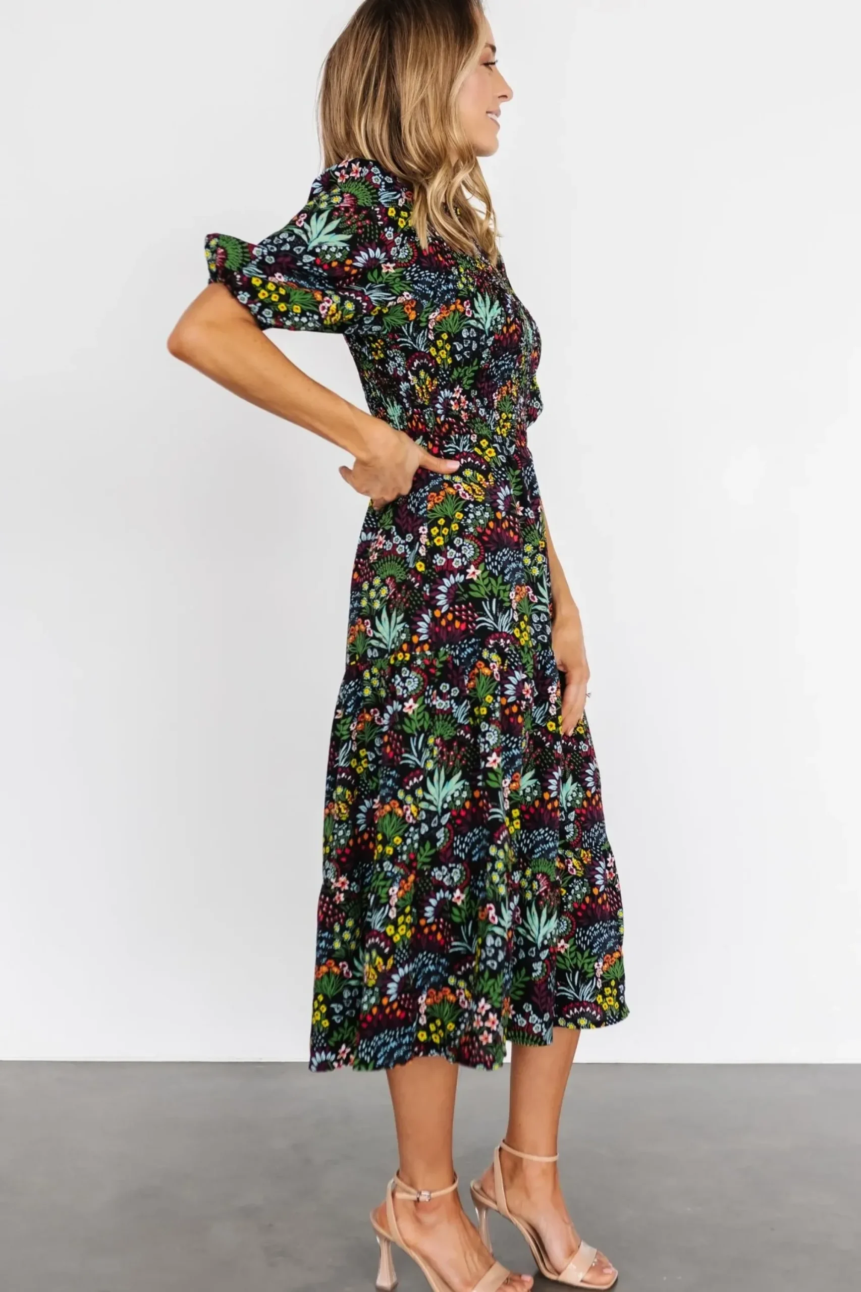 New Baltic Born Lena Tiered Midi Dress | Black Multi Floral