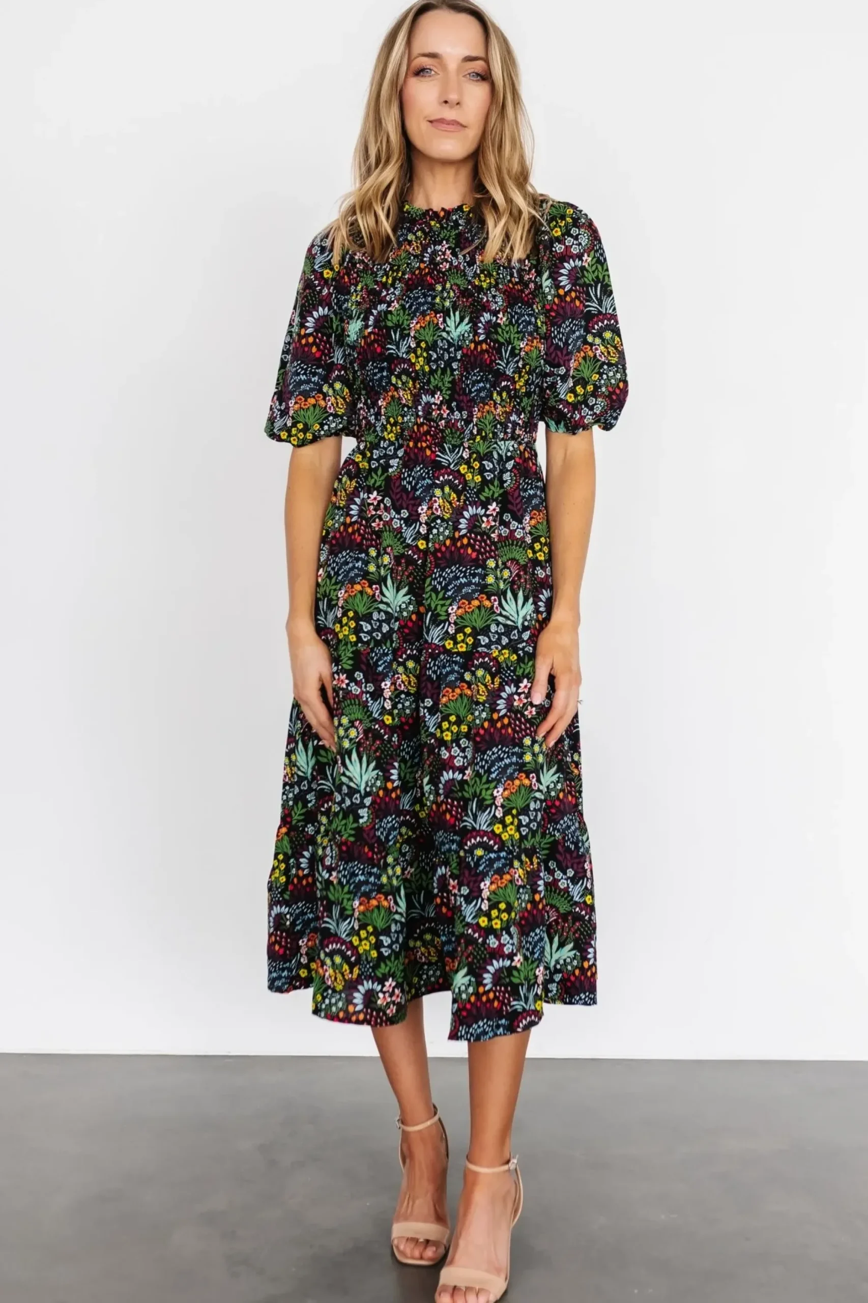 New Baltic Born Lena Tiered Midi Dress | Black Multi Floral