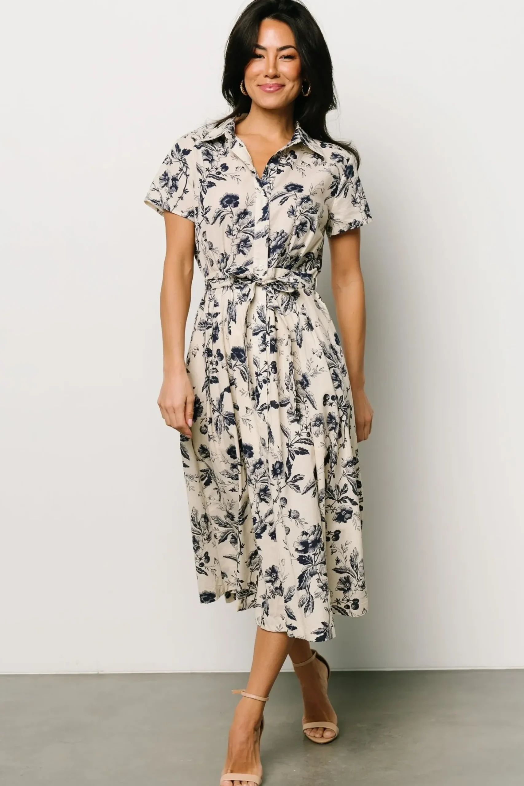 New Baltic Born Lorna Midi Dress | Beige + Navy Print