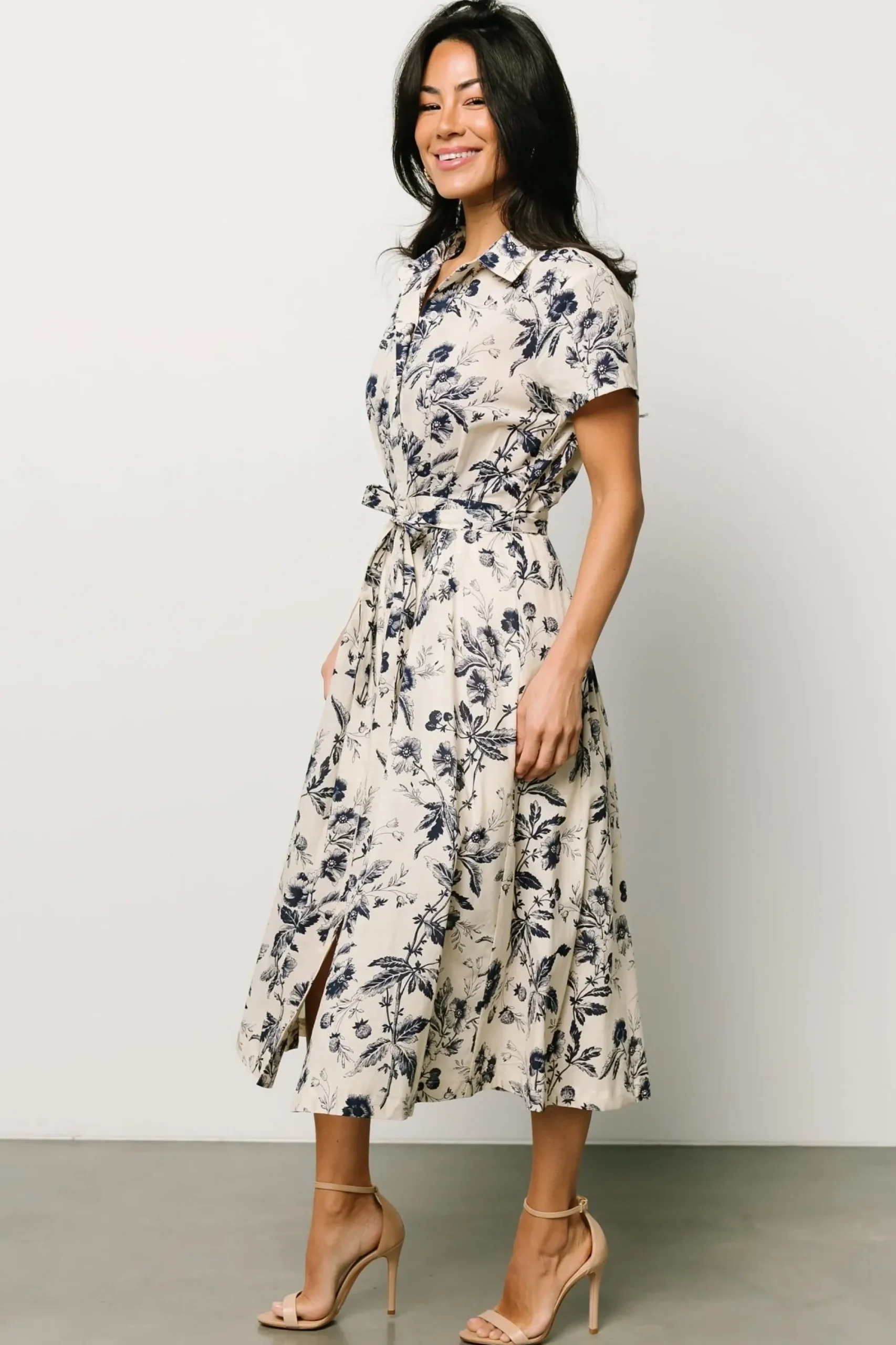 New Baltic Born Lorna Midi Dress | Beige + Navy Print
