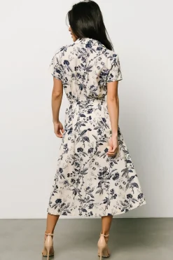 New Baltic Born Lorna Midi Dress | Beige + Navy Print