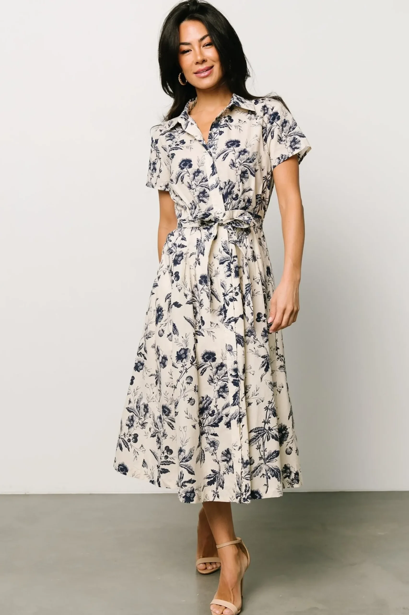 New Baltic Born Lorna Midi Dress | Beige + Navy Print