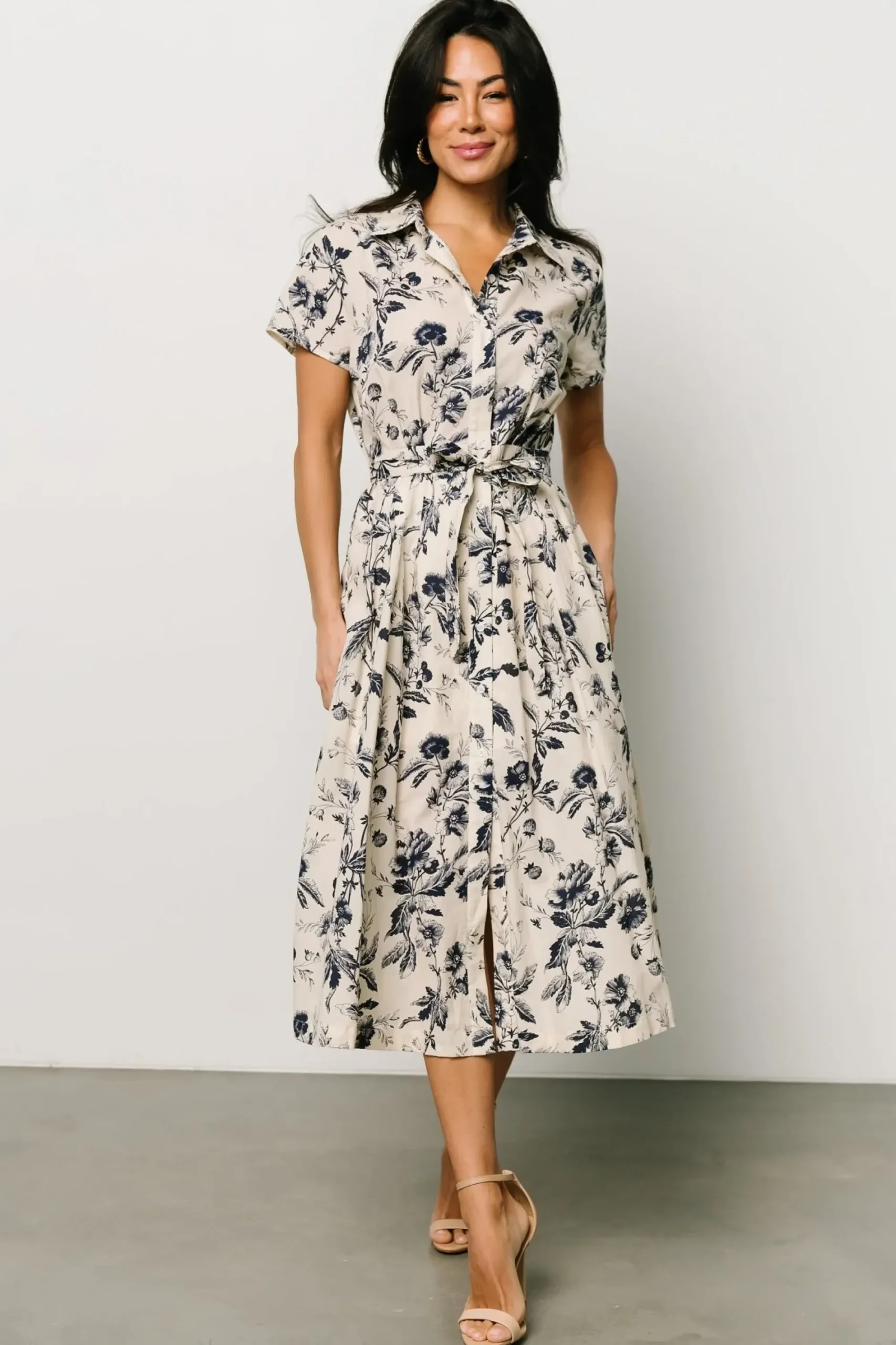 New Baltic Born Lorna Midi Dress | Beige + Navy Print