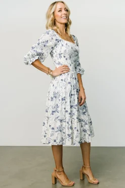 Discount Baltic Born Marta Smocked Midi Dress | White + Blue