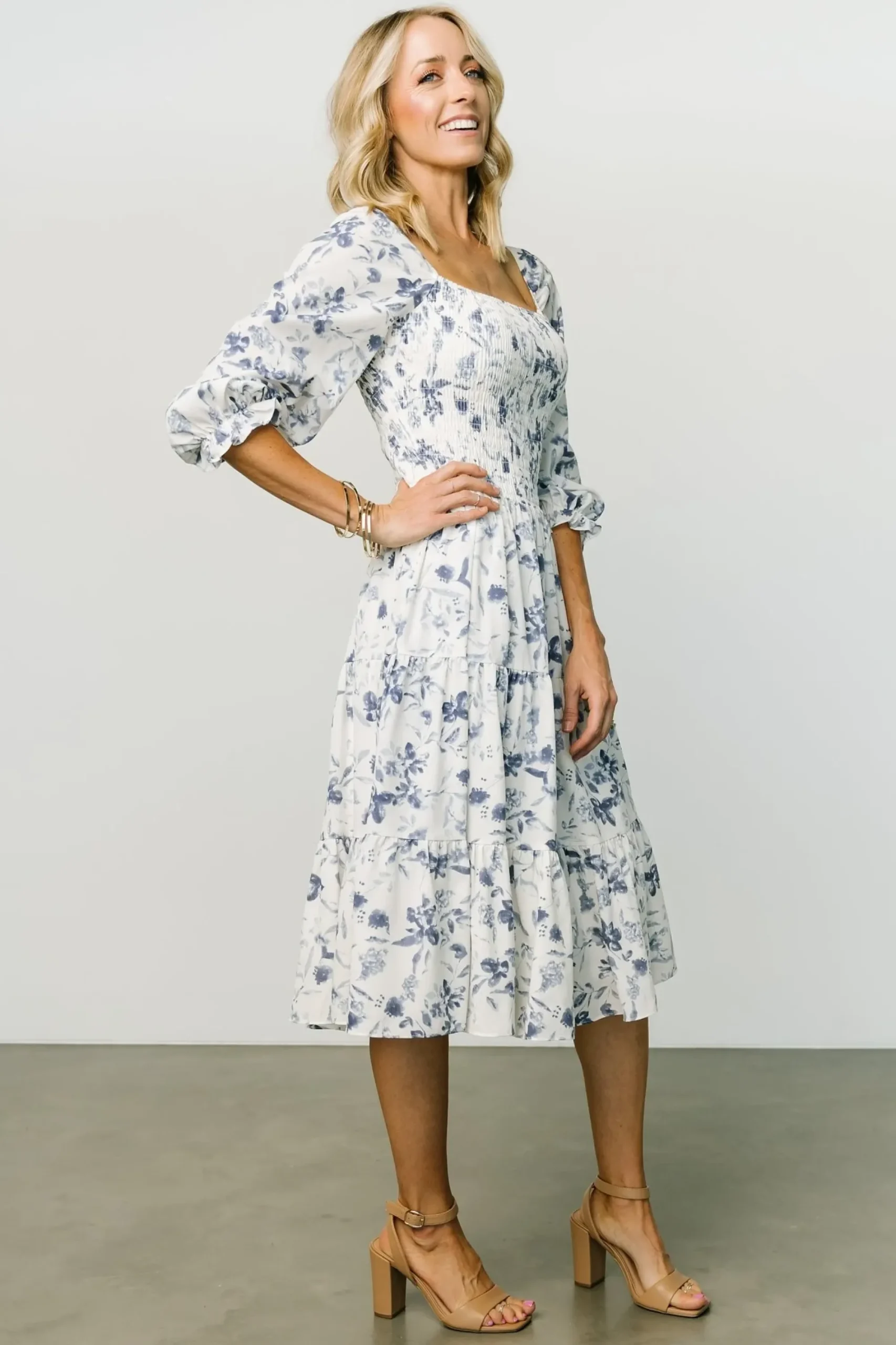 Discount Baltic Born Marta Smocked Midi Dress | White + Blue