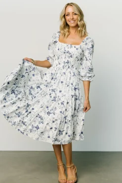 Discount Baltic Born Marta Smocked Midi Dress | White + Blue