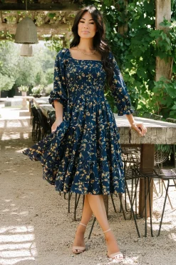 New Baltic Born Marta Smocked Midi Dress | Navy Floral