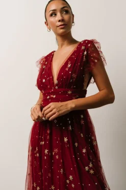 New Baltic Born Nova Shimmer Maxi Dress | Wine + Gold