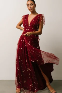 New Baltic Born Nova Shimmer Maxi Dress | Wine + Gold
