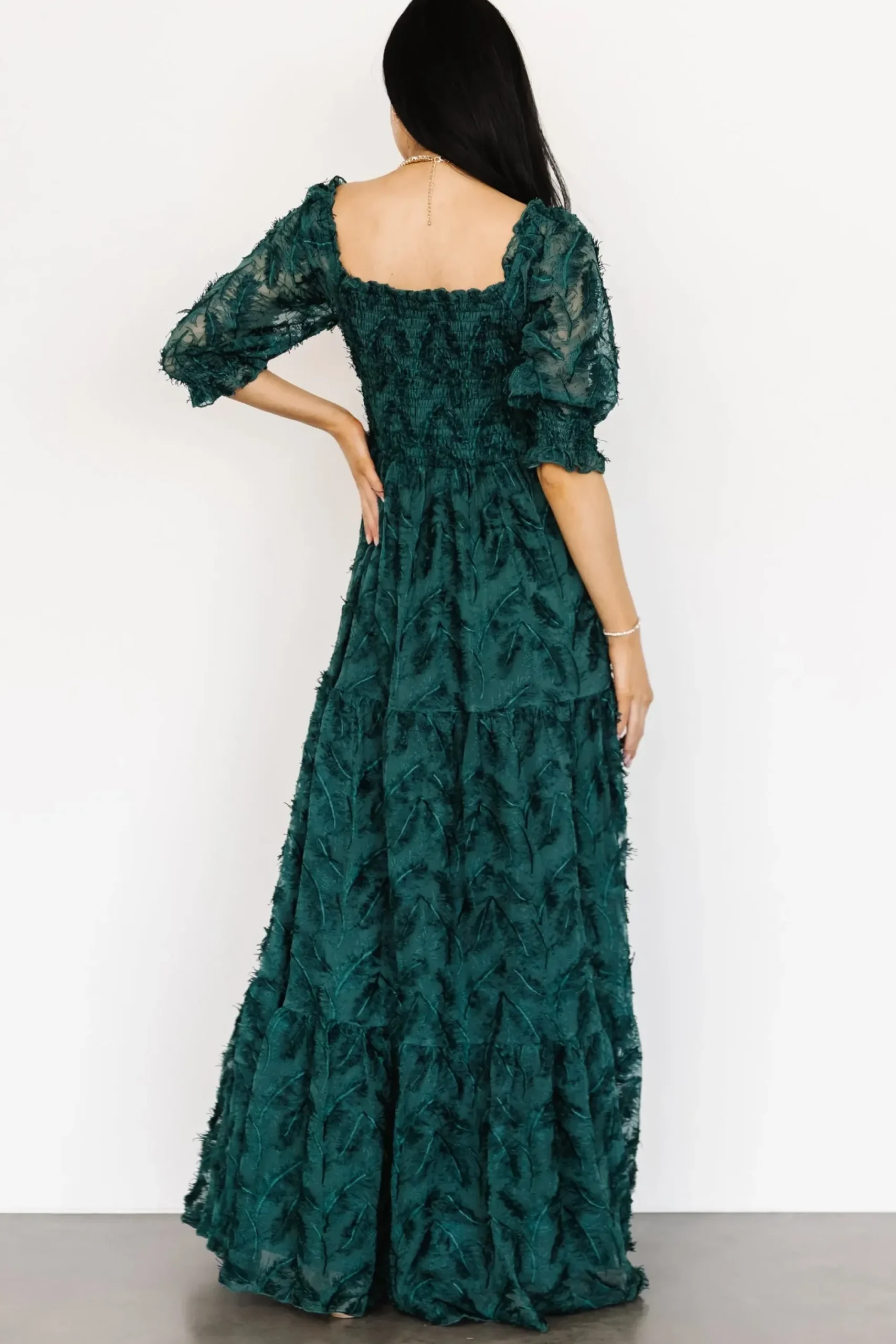 Hot Baltic Born Paloma Smocked Feather Maxi Dress | Emerald